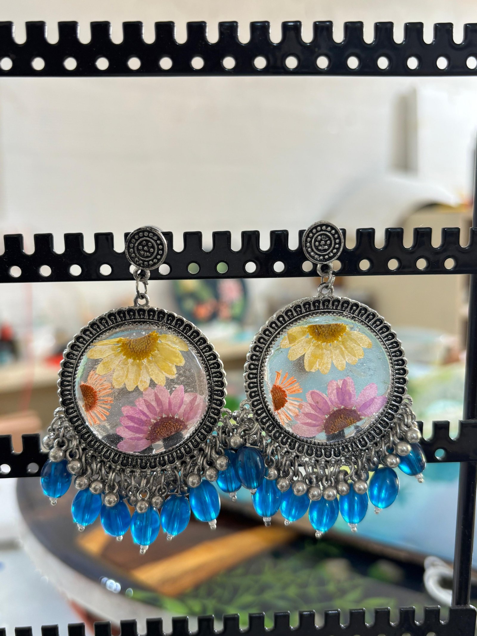 Blue Bloom Resin Jhumkas